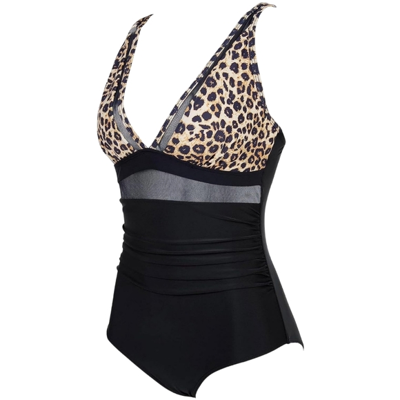 Mesh Tummy Siamese Control Push Up High Waisted Leopard and Black Swimsuit, XXL - Picture 7 of 8